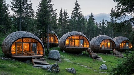 Mountain eco-lodges lit at dusk