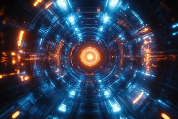 Fototapeta premium A tunnel of blue and orange light on a black background, perfect for technology or futuristic concepts