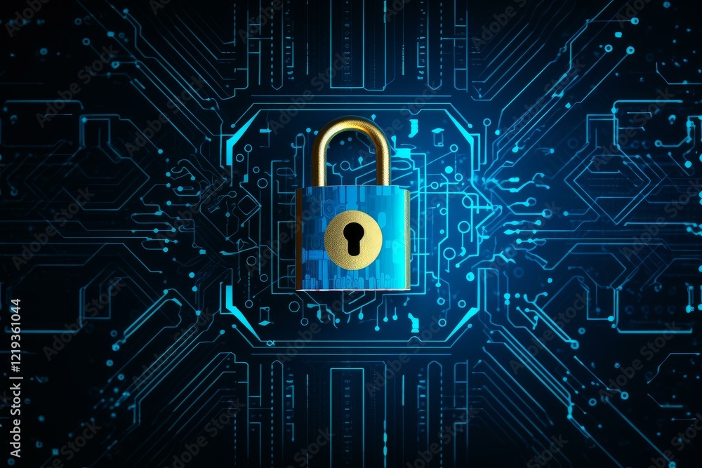 Poster secure digital information with closed padlock on glowing blue circuit board, representing cybersecu