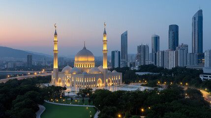 Obraz premium The image depicts a beautifully lit mosque in a modern cityscape at dusk, blending tradition with urban life