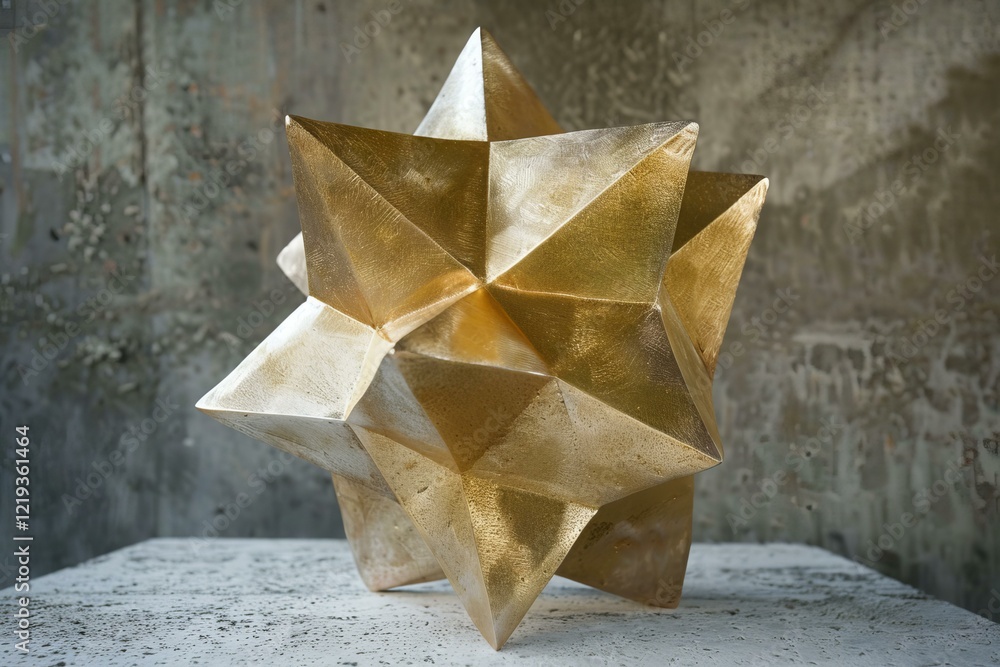 Poster intricate gold sculpture with intersecting star shapes displayed on a simple concrete pedestal, crea