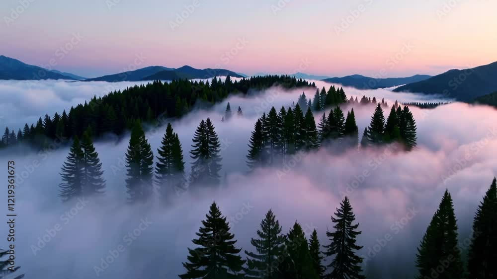 Poster a foggy valley at sunrise with only the tops of pine trees and mountains visible above the mist, cre