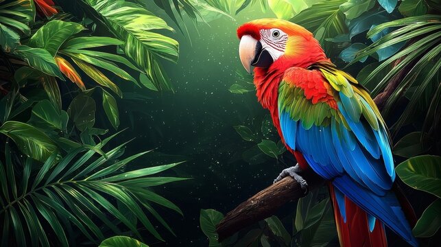 Scarlet Macaw in Lush Tropical Rainforest