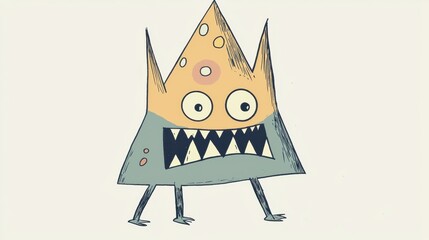 A whimsical monster character with a triangular shape, vibrant colors, and a toothy grin strolls confidently. Its playful design captivates with unique traits and a friendly demeanor