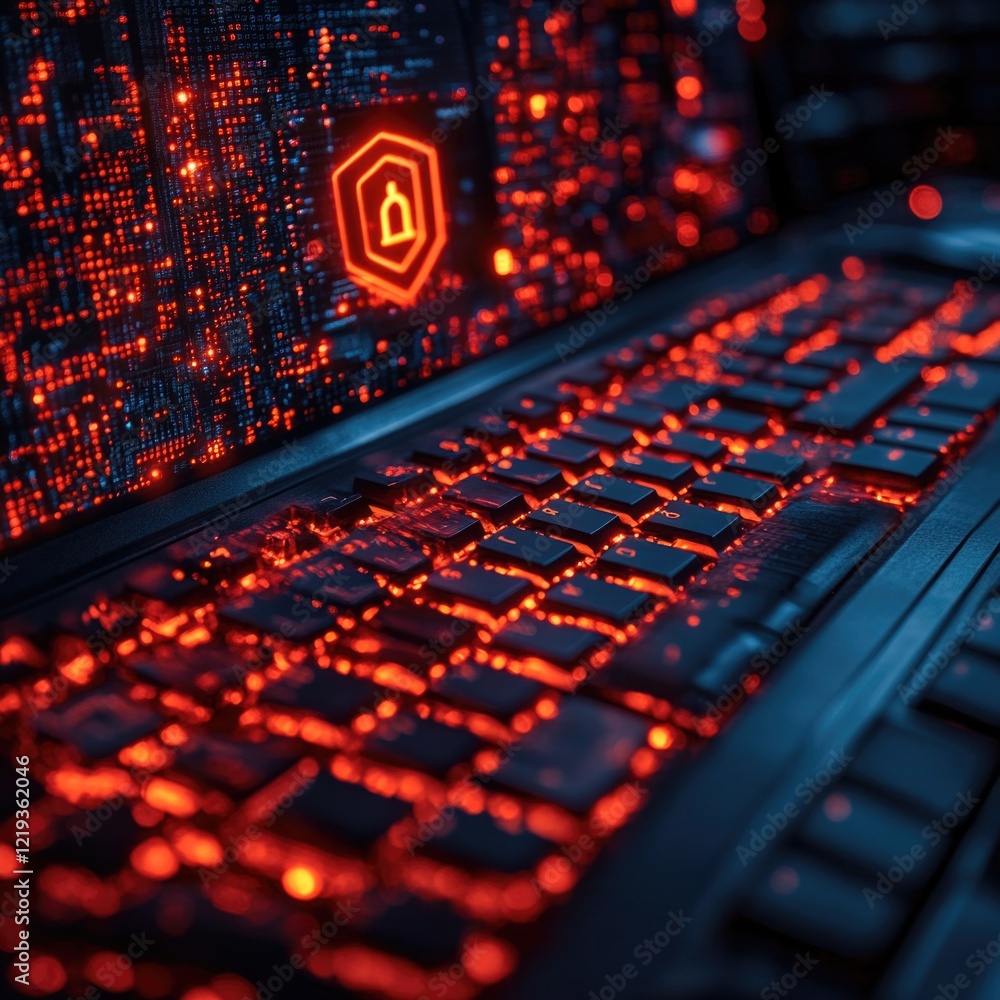 Poster close-up shot of a computer keyboard lit by red lights, great for tech-related or dark-themed concep