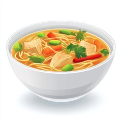 A hearty bowl of chicken noodle soup with vegetables, isolated white background, realist art style