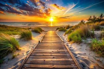 Fototapeta premium Rustic Wooden Walkway to Sandy Beach at Sunset - Coastal Path Stock Photo