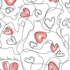 seamless lineart watercolor hearts pattern, simple romantic scribbles for valentine day