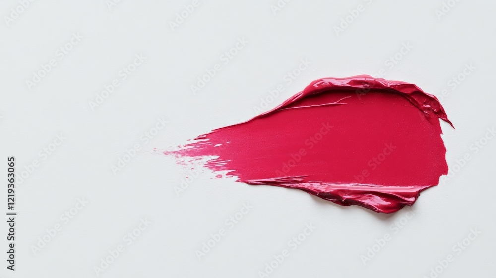 Poster pink lipstick is smeared on a white background, creating an abstract, dynamic shape with visible tex