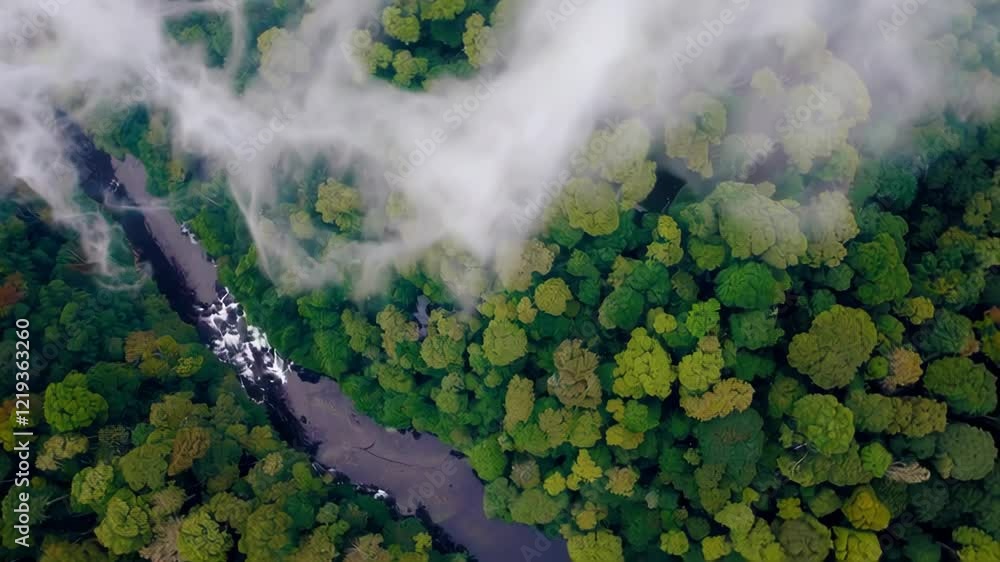 Aufkleber a winding river cutting through a dense rainforest viewed from above, with vibrant green foliage and