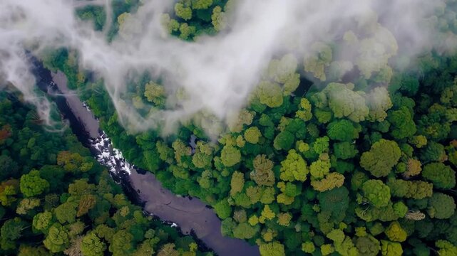A winding river cutting through a dense rainforest viewed from above, with vibrant green foliage and patches of mist creating a mysterious atmosphere.
