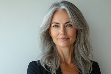 Fototapeta premium A senior woman wearing a black shirt and having grey hair, likely an elderly person