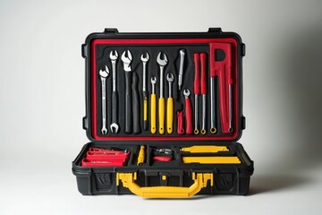 Open toolbox with various tools; studio shot; repair, maintenance