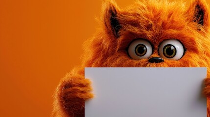Obraz premium A fluffy orange character with large eyes stands against a bright orange backdrop while holding a blank sign. The setting radiates warmth and whimsy, encouraging imagination