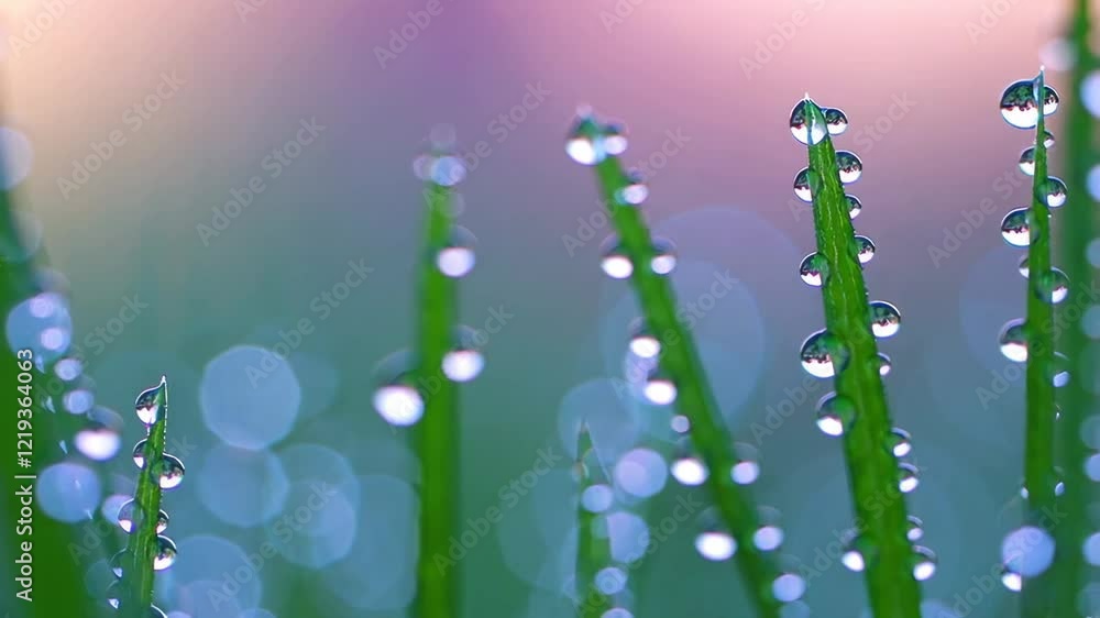 Poster close-up of dew-covered grass in early morning light with a soft bokeh background, emphasizing fresh