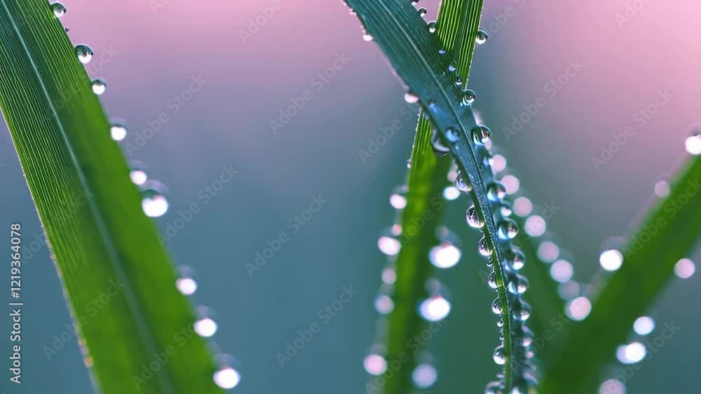 Aufkleber close-up of dew-covered grass in early morning light with a soft bokeh background, emphasizing fresh