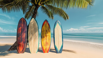 Four surfboards lean against a palm tree on a beach with clear blue skies.