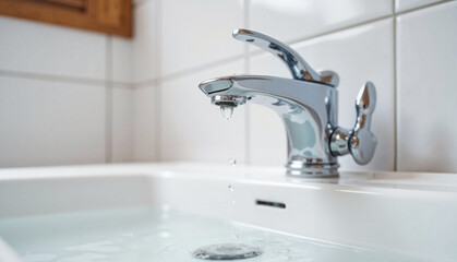 World Water Day water faucet dripping in clean bathroom, conservation
