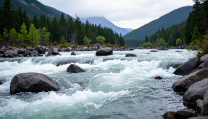 World Water Day. River rapids flowing over rocks in wilderness, nature's power