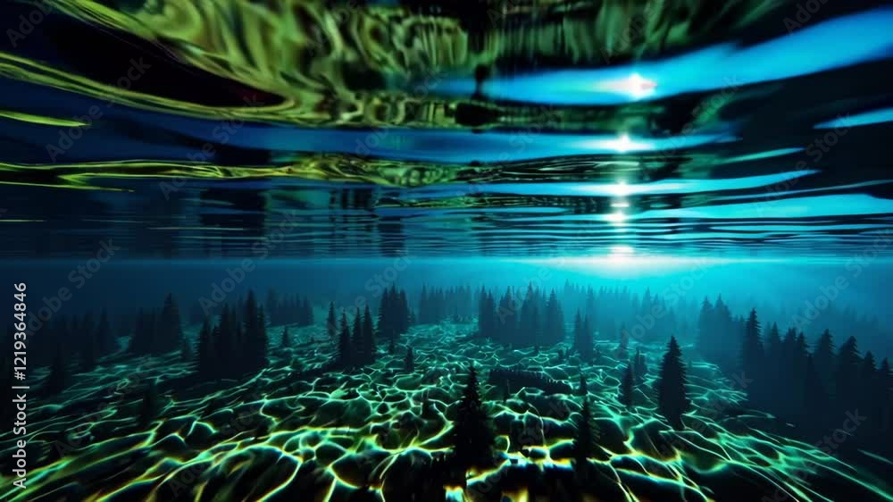 Poster a crystal-clear lake reflecting multiple dimensions, where the surface shows one reality and the dep