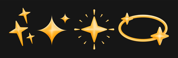 3D set of Golden sparkle icons on a dark background, for design, decoration, or digital art. Shiny star effects, branding, or creative visuals. glowing aesthetic, illustration vector
