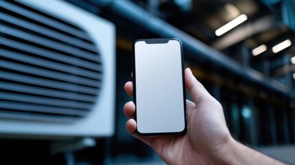 A person holds a blank smartphone screen in one hand while standing close to an air conditioning unit in an industrial setting. The area is well-lit and spacious