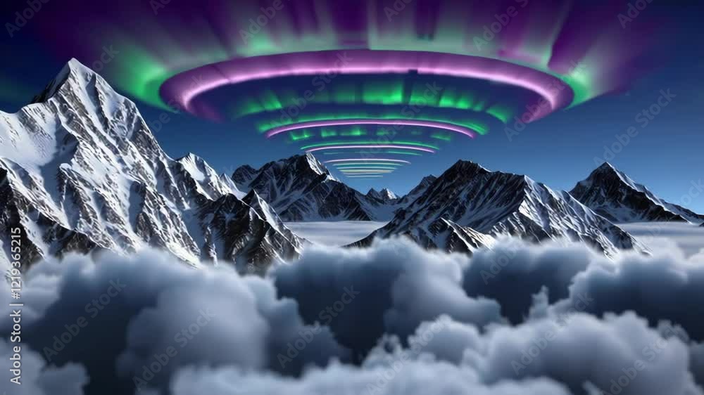 Aufkleber A serene mountain range with floating layers of reality above it, each layer showing a slightly altered version of the natural scenery. Soft clouds and a glowing aurora stretch across the sky.
