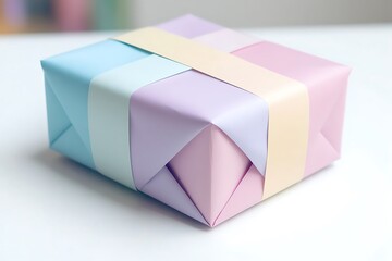 A step-by-step DIY tutorial showing the process of folding a custom gift box with pastel-colored wrapping paper, isolated on a clean white surface