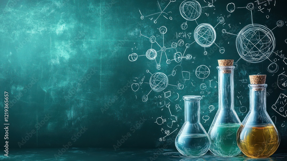 Poster three beakers with colorful liquids and chalk-drawn science formulas on teal background.