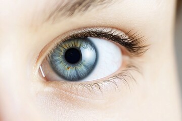 Obraz premium A close-up shot of a person's blue eye with detailed eyelashes and a subtle sparkle