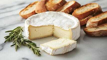 A round cheese with a sliced portion sits next to pieces of crusty bread, garnished with fresh rosemary. The marble background highlights the delicious display
