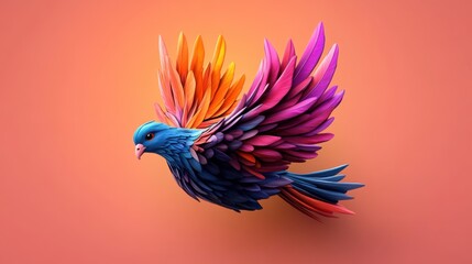 Fototapeta premium Colorful Fantasy Bird with Vibrant Feathers Flying Against a Soft Orange Background