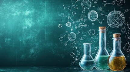 Three beakers with colorful liquids and chalk-drawn science formulas on teal background.