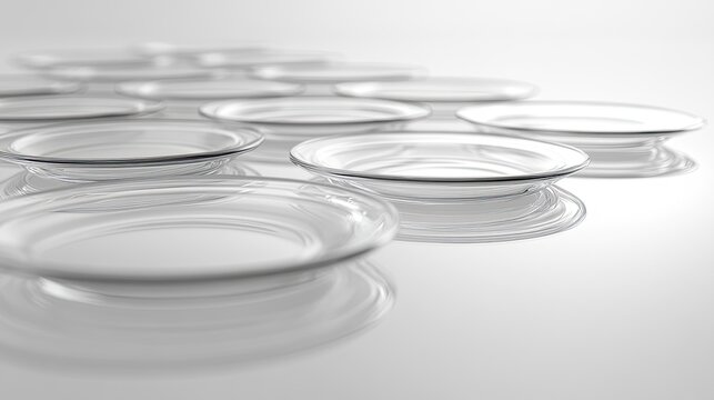 A minimalist arrangement of transparent, curved glass panels laid out in a grid pattern on a soft gradient background. - Powered by Adobe