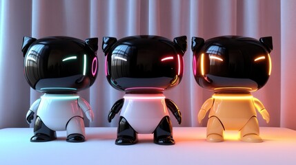 Three cute robots with glowing lights in different colors.