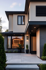 Modern House Exterior at Dusk: Contemporary Home Design and Architecture