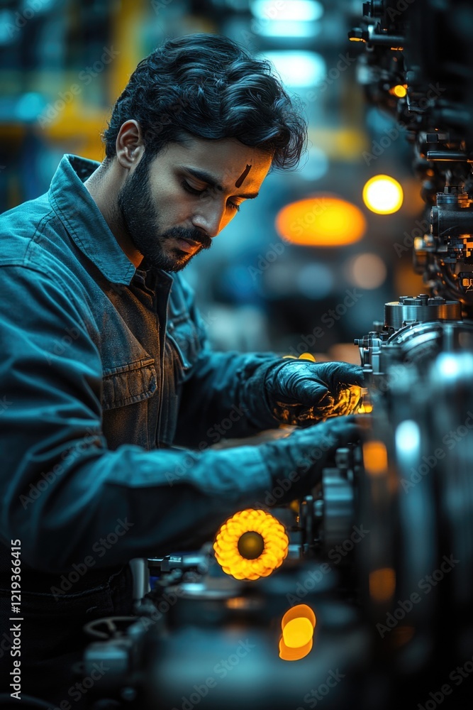 Poster a worker operating machinery in a factory setting