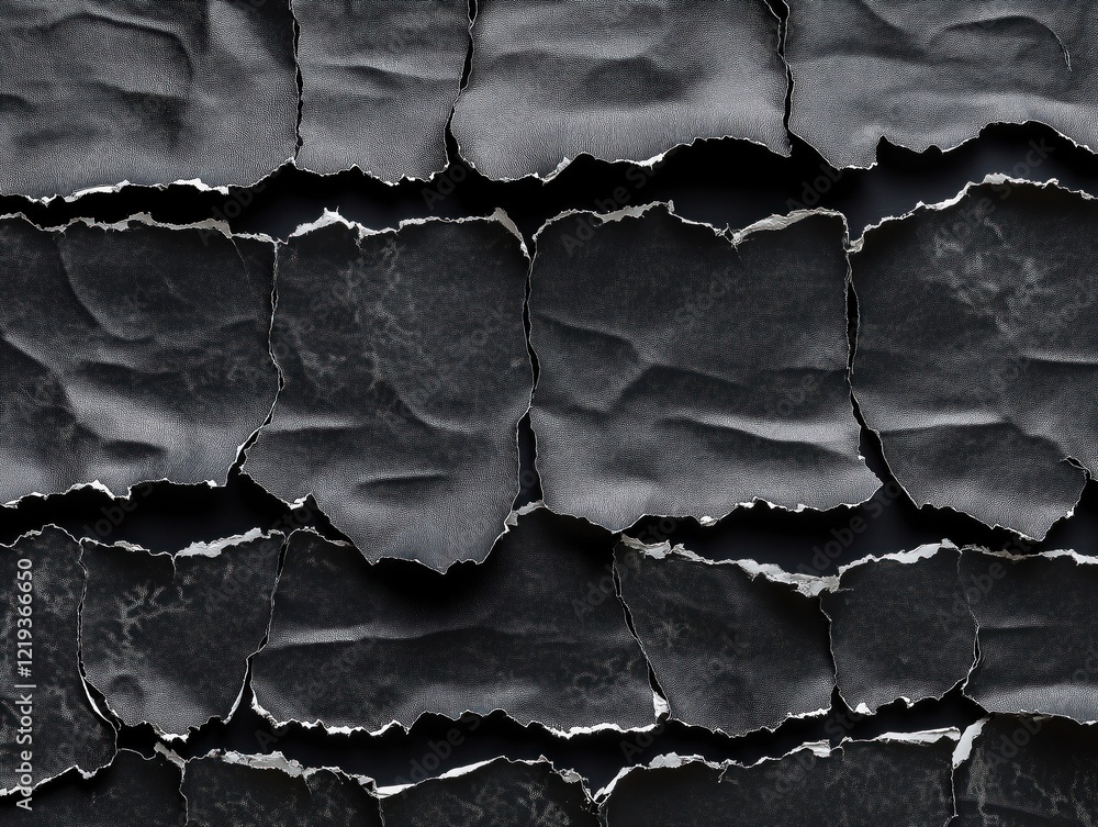 Poster abstract black torn paper texture background. ripped pieces of paper create design with gaps, wrinkl