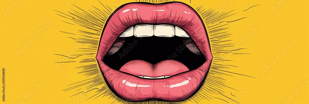 Poster glossy pink lips and white teeth of a shouting woman's open mouth are featured in a vibrant pop art 