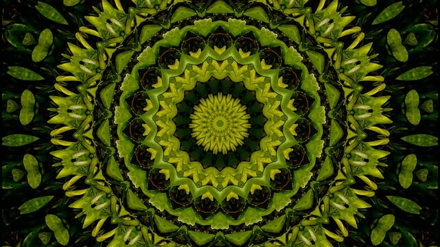 Abstract geometric pattern with leaves and circles in vibrant green, featuring floral and mandala elements, creating a psychedelic and decorative nature-inspired design