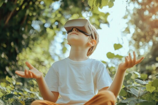 Child experiences virtual reality in a lush outdoor setting during a sunny afternoon surrounded by greenery - Powered by Adobe