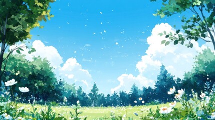 Obraz premium A lush green forest with a field of white flowers in the foreground.