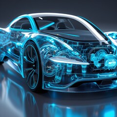 Fototapeta premium A dynamic 3D of a modern hydrogen car with semi transparent elements, showing a view of its internal