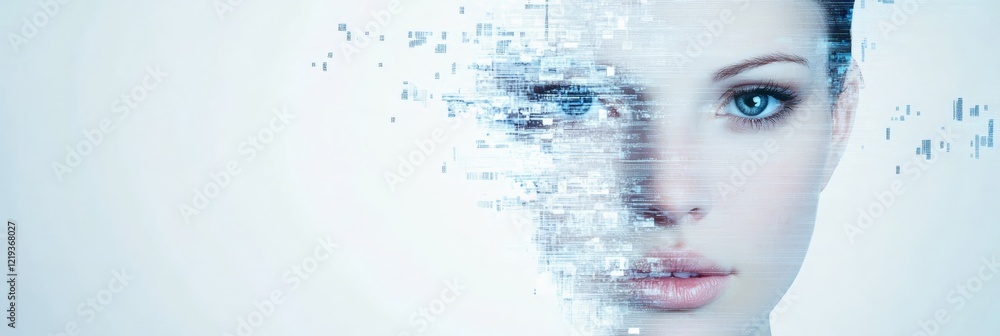 Poster digital pixels are covering half of a woman's face creating a futuristic concept related to biometri