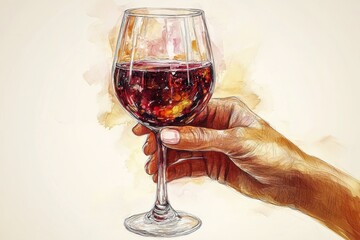 A close-up shot of a hand cradling a glass of wine, perfect for use in food and drink related content