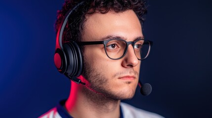Obraz premium Focused Gamer with Headset in Dramatic Studio Lighting