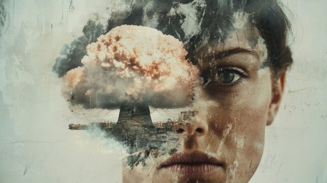 A woman gazes with intensity as a nuclear explosion clouds form within her silhouette. The image captures the conflict between human emotion and the devastation of war