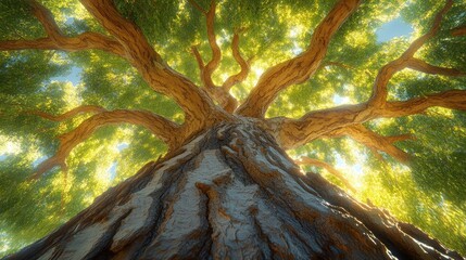 A majestic, ancient oak tree with gnarled branches reaching for the sun, seen from a low angle.
