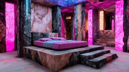 Surreal Cave Bedroom with Pink and Purple Neon Glow: A Modern and Luxurious Interior Design