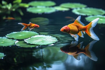 Golden fish swim in pond, lily pads reflect.